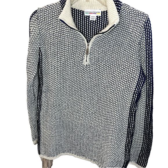 Cotton Country 1/4 Zip Recycled Woven‎ Cotton Sweater From Canada Navy Ivory M - Picture 1 of 10